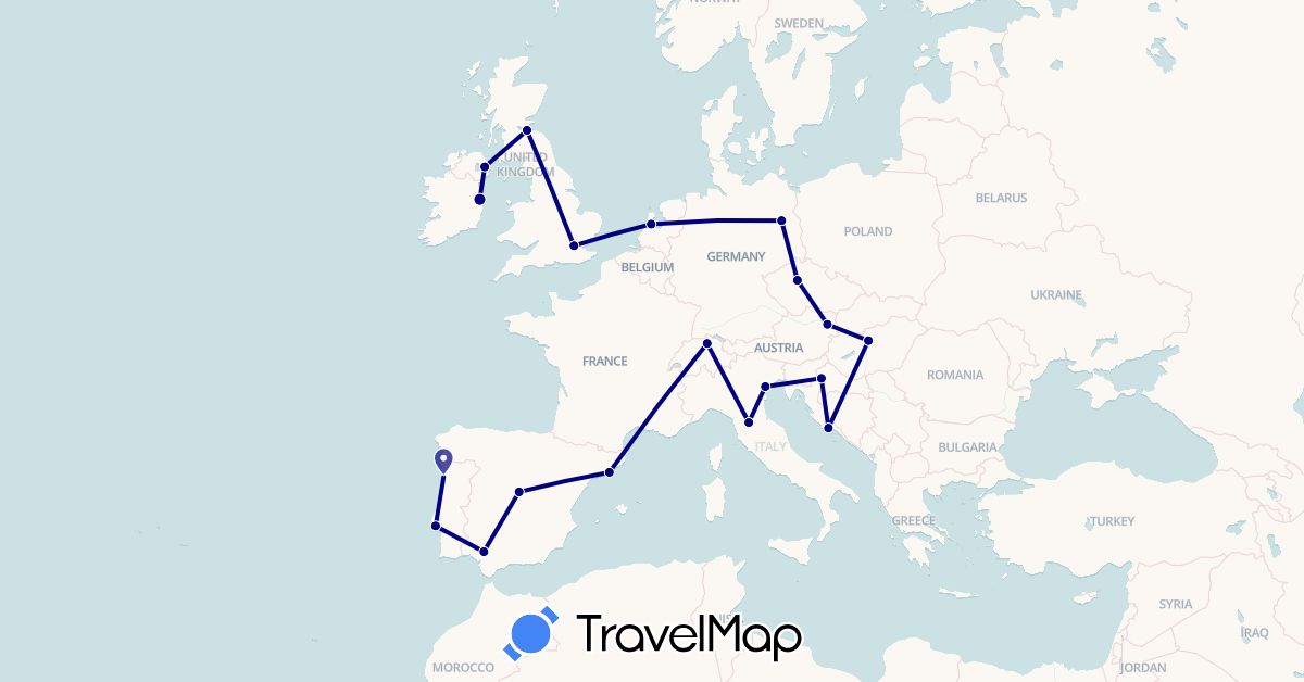 TravelMap itinerary: driving in Austria, Switzerland, Czech Republic, Germany, Spain, United Kingdom, Croatia, Hungary, Ireland, Italy, Netherlands, Portugal (Europe)